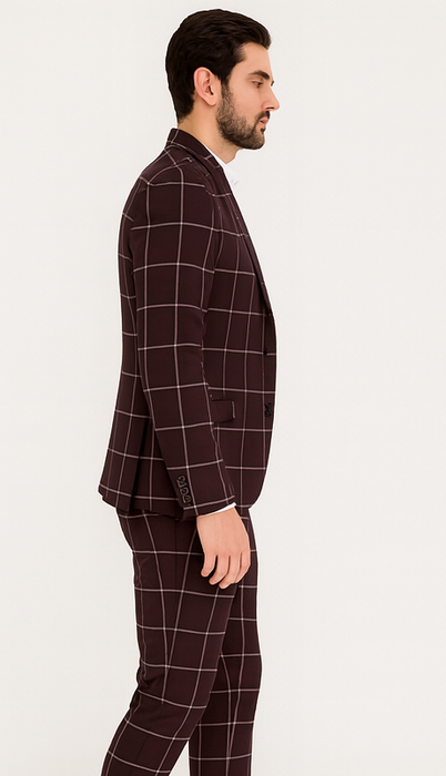 Bold Gangster Plaid Suit - 1920s Mens Fashion Window Pane Suit - Burgundy
