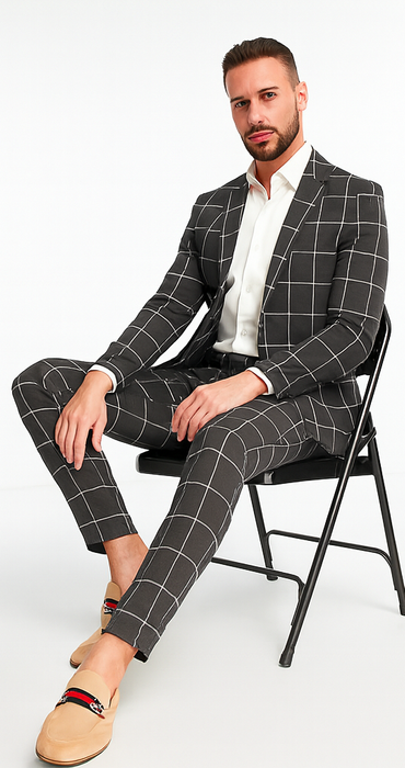 Bold Gangster Plaid Suit - 1920s Mens Fashion Window Pane Suit - Charcoal