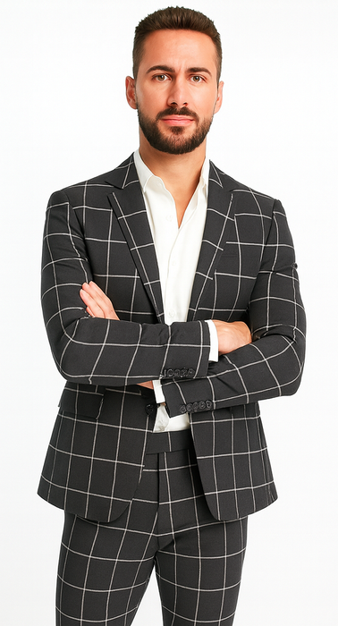 Bold Gangster Plaid Suit - 1920s Mens Fashion Window Pane Suit - Charcoal