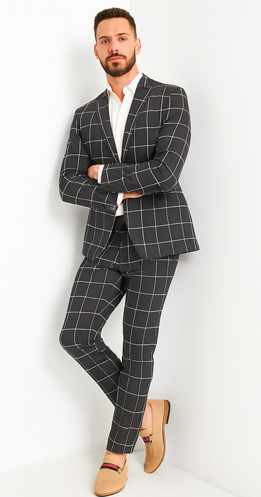 Bold Gangster Plaid Suit - 1920s Mens Fashion Window Pane Suit - Charcoal