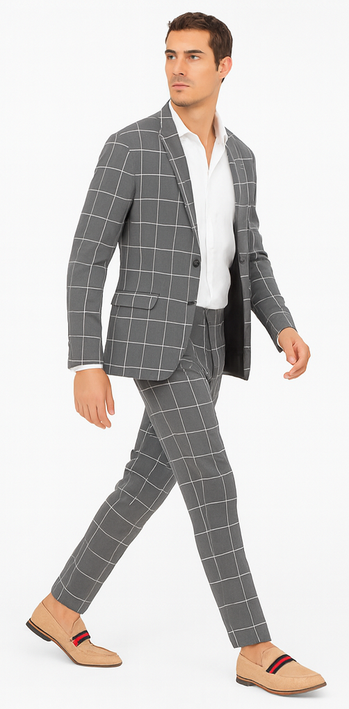 Bold Gangster Plaid Suit - 1920s Mens Fashion Window Pane Suit - Grey - Image 3