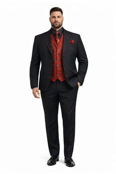 Mens Three Piece Suits - Vested Suit Mens Black/Red Jacket With Bold Vest with matching Tie and Hankie