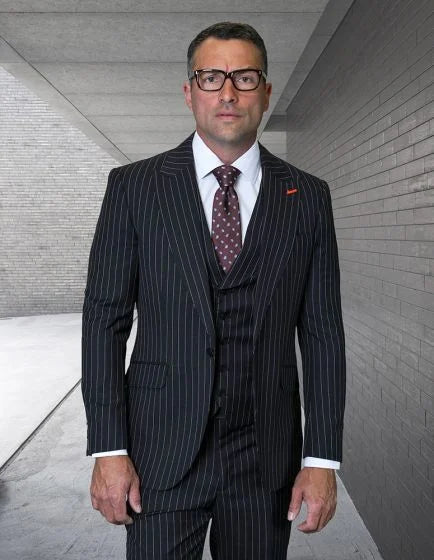 Statement Men's 100% Wool Pinstripe 3 Piece Suit - Notch Lapel Modern Fit