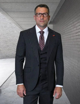 Statement Men's 100% Wool Pinstripe 3 Piece Suit - Peak Lapel