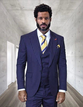Statement Men's 100% Wool Pinstripe 3 Piece Suit - Peak Lapel
