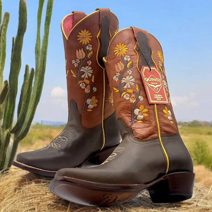 Flowered Square Toe Cowgirl Boots - Brown - Image 2