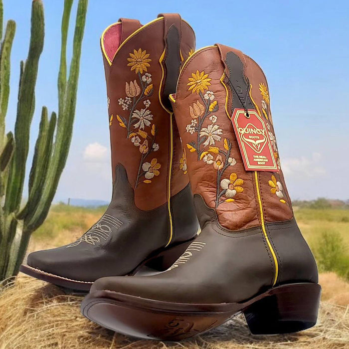 Flowered Square Toe Cowgirl Boots - Brown - Image 2