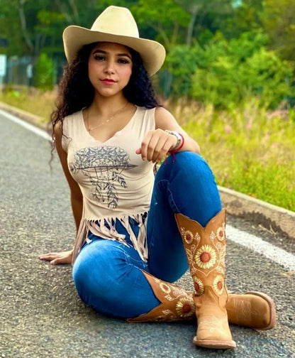 Botas de Cuero con Girasoles para Mujer en Horma Rodeo Q322G6231 - Image 10