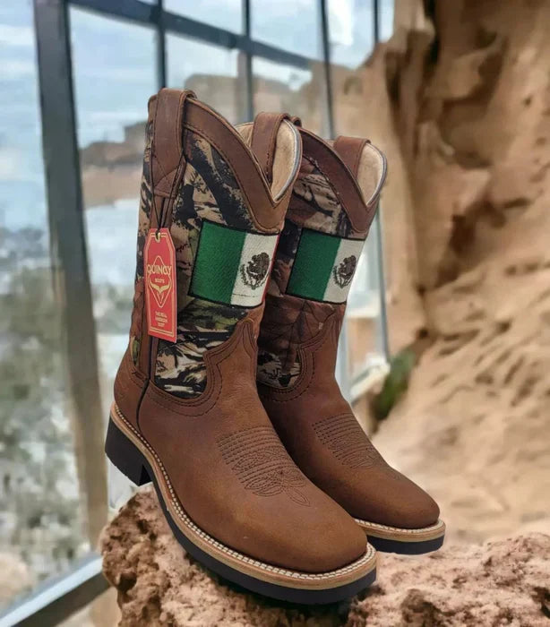 Botas de Cuero Horma Cuadrada Ancha con Bandera de Mexico