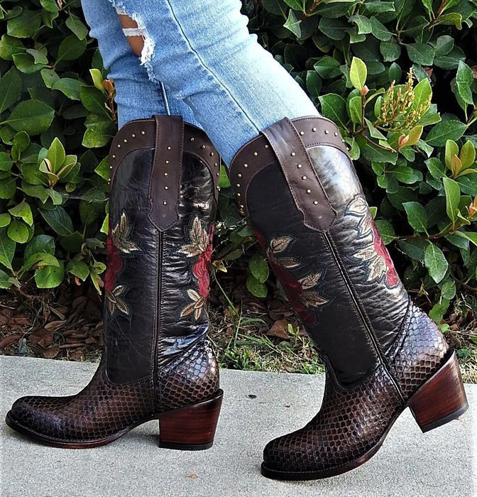 Botas de Piton Grabado para Mujer en Punta Oval