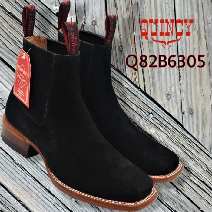Botines Charros Quincy de Gamuza con Punta Cuadrada Negro — MensUSA