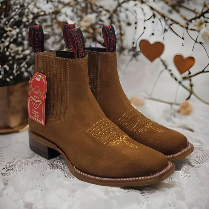 Botines Charros de Gamuza Punta Cuadrada para Mujer Quincy