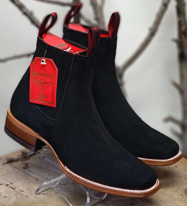 Botines Charros Quincy de Gamuza con Punta Cuadrada Negro