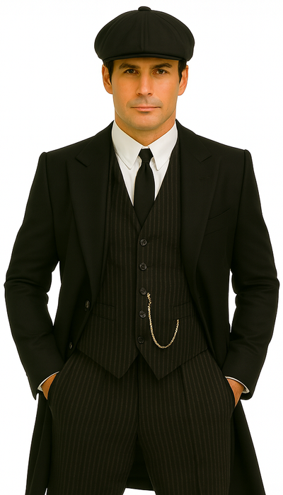 Brand New Quality 1920's English Style Peaky Blinders Style Vested Peaky Blinders Suits - Peaky Blinders Outfit + Overcoat + Hat (Peaky Blinder Custome)