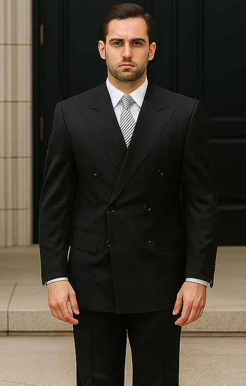 Brand New Solid Black Double Breasted Suits 100% Wool Fabric Super 150s Wide Suits Side Vent (pleated or Flat Front Pants)