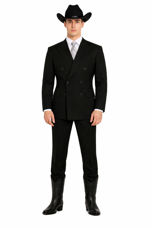 Brand New Solid Black Double Breasted Suits 100% Wool Fabric Super 150s Wide Suits Side Vent (pleated or Flat Front Pants)