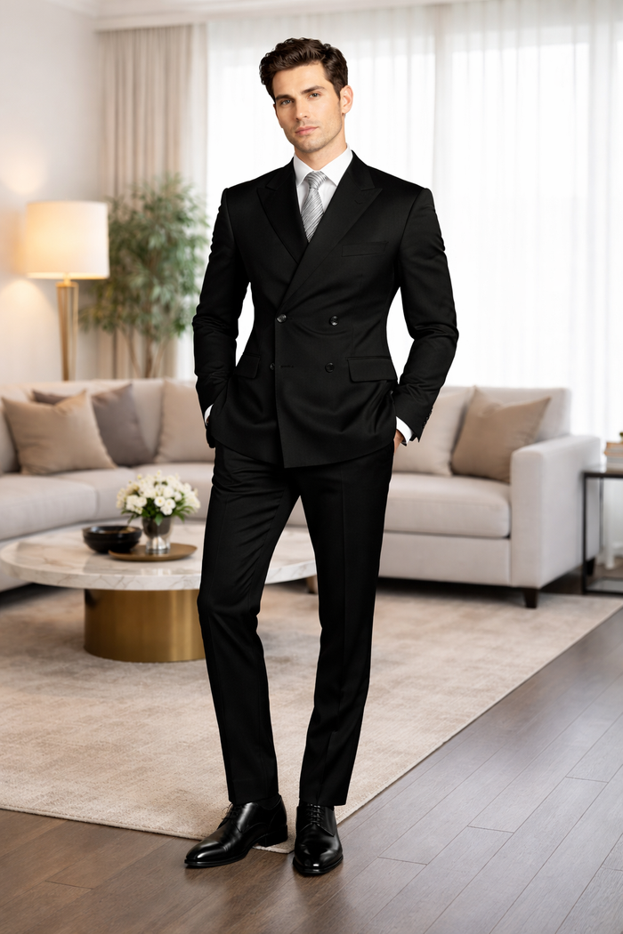 Brand New Solid Black Double Breasted Suits 100% Wool Fabric Super 150s Wide Suits Side Vent (pleated or Flat Front Pants)