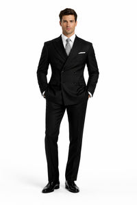 Brand New Solid Black Double Breasted Suits 100% Wool Fabric Super 150s Wide Suits Side Vent (pleated or Flat Front Pants)