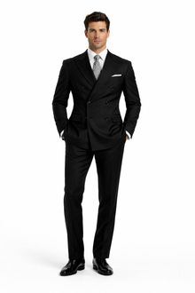 Brand New Solid Black Double Breasted Suits 100% Wool Fabric Super 150s Wide Suits Side Vent (pleated or Flat Front Pants)