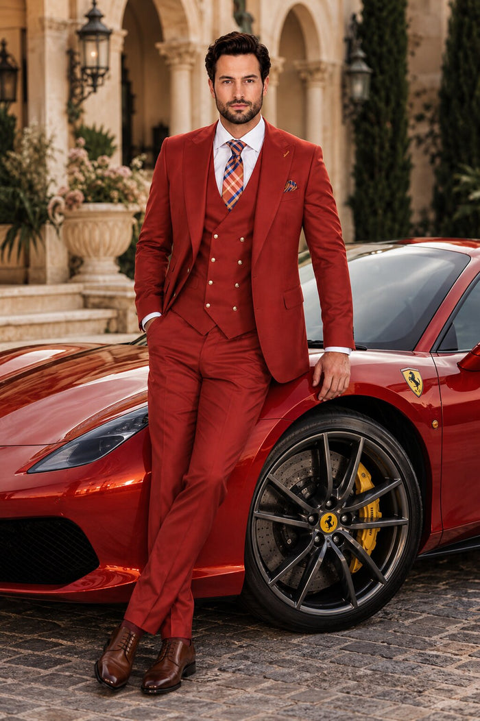 Men's Brick Statement Ticket Pocket Peak Lapel Wool Double Breasted Vest Suit with Gold Buttons – Modern Fit