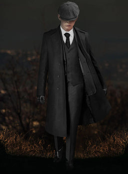 Men's Black Full-length Sleeves Buttoned Closure Peaky Blinders Suit - Peaky Blinders Outfit + Overcoat + Hat (Peaky Blinder Custome) - Image 56