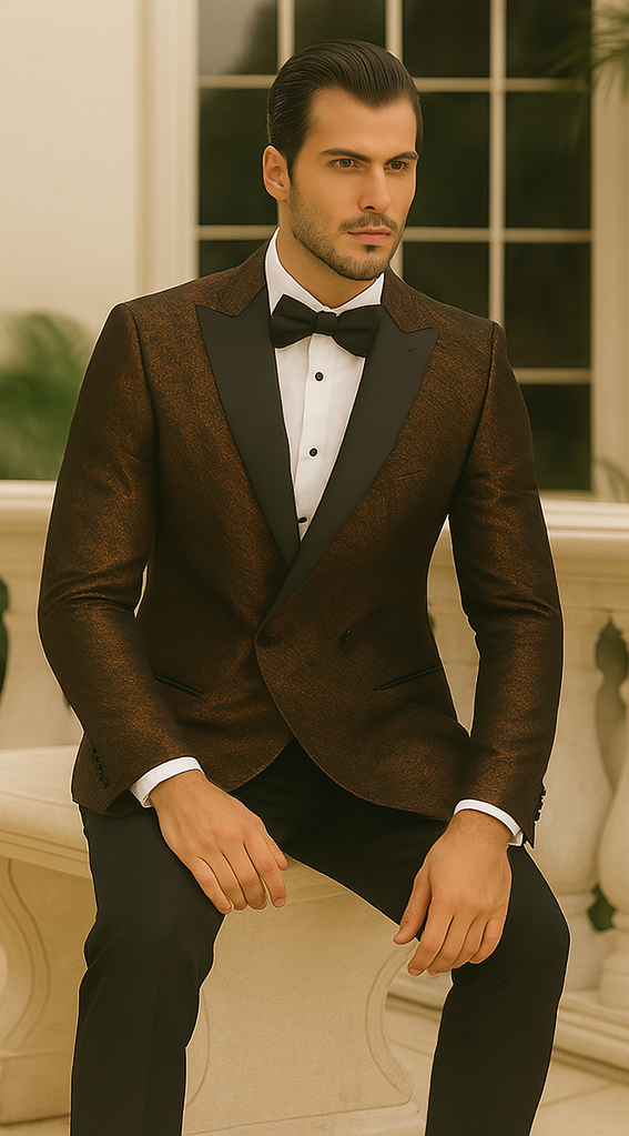 Bronze Double Breasted Rough Streak Pattern Satin Peak Lapel Stacy Adams Men's Jacket - Image 3
