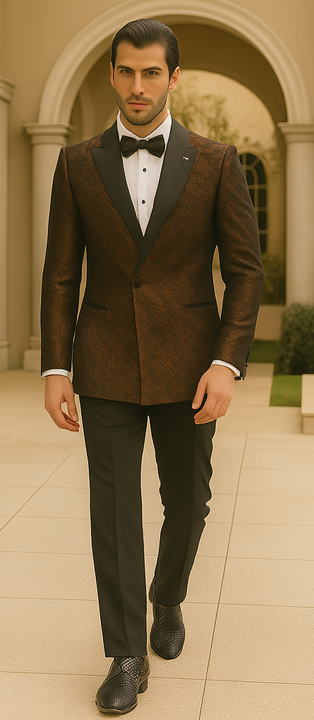Bronze Double Breasted Rough Streak Pattern Satin Peak Lapel Stacy Adams Men's Jacket - Image 4