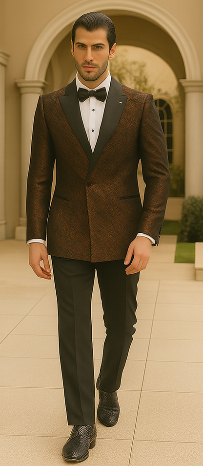 Bronze Double Breasted Rough Streak Pattern Satin Peak Lapel Stacy Adams Men's Jacket - Image 4