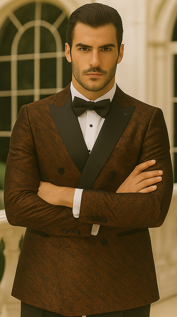 Bronze Double Breasted Rough Streak Pattern Satin Peak Lapel Stacy Adams Men's Jacket - Image 5