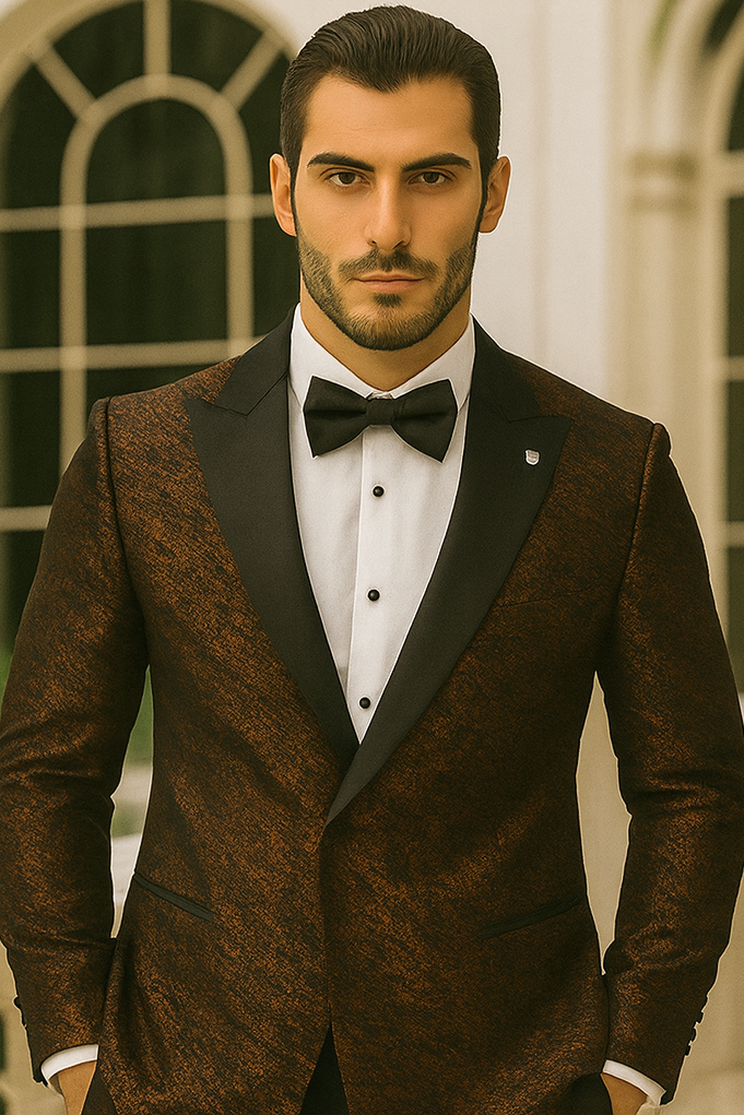 Bronze Double Breasted Rough Streak Pattern Satin Peak Lapel Stacy Adams Men's Jacket - Image 7