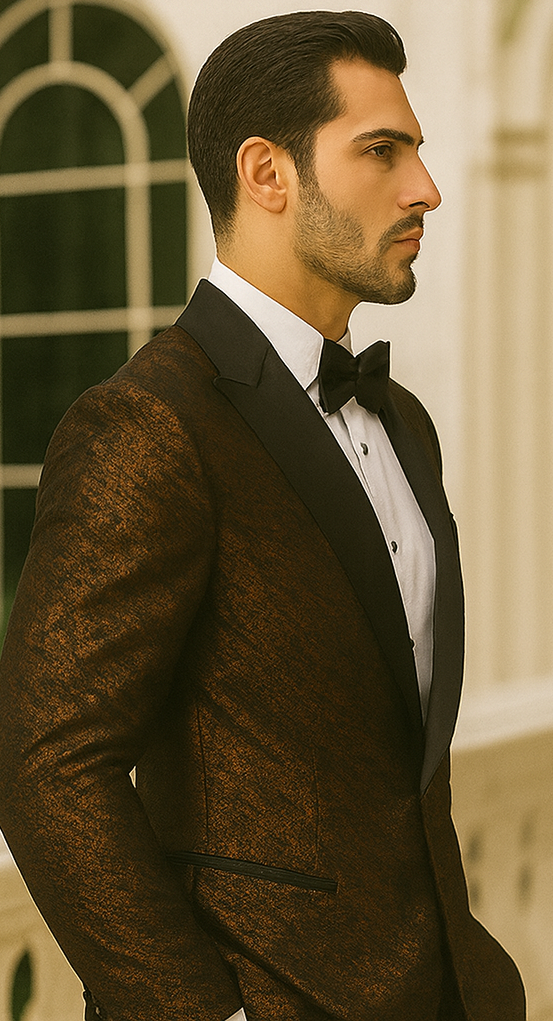 Bronze Double Breasted Rough Streak Pattern Satin Peak Lapel Stacy Adams Men's Jacket - Image 6