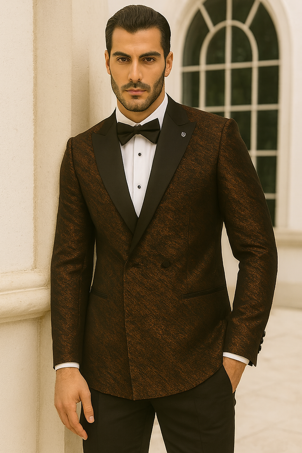 Bronze Double Breasted Rough Streak Pattern Satin Peak Lapel Stacy Adams Men's Jacket - Image 8