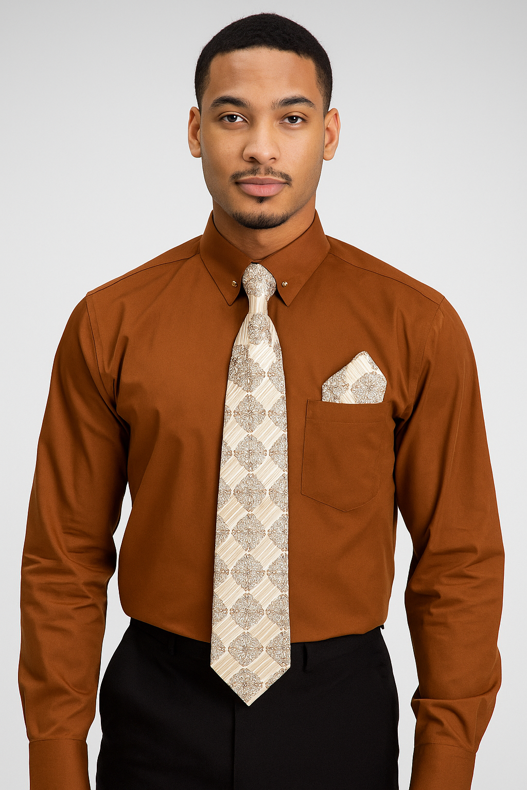 Brown Pin Collar Dress Shirt With Collar Bar - Image 6