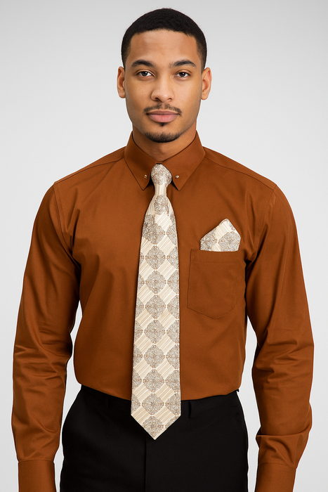Brown Pin Collar Dress Shirt With Collar Bar