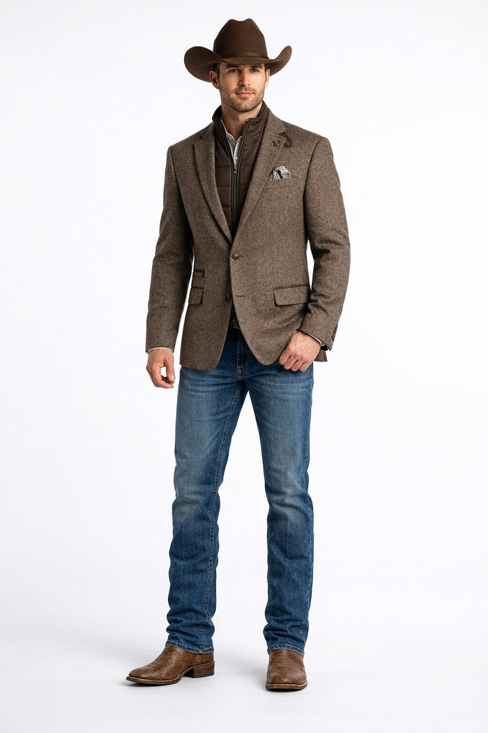 Men’s Brown Herringbone Tweed Cowboy Western Blazer – Classic Country Sport Coat Jacket for Ranch Wear,  Cowboy Jacket