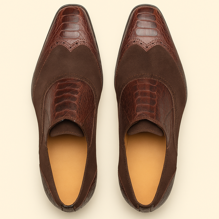 Brown Ostrich and English Suede Gored Slip On Dress Shoes for men By Mezlan Made In Spain Brand