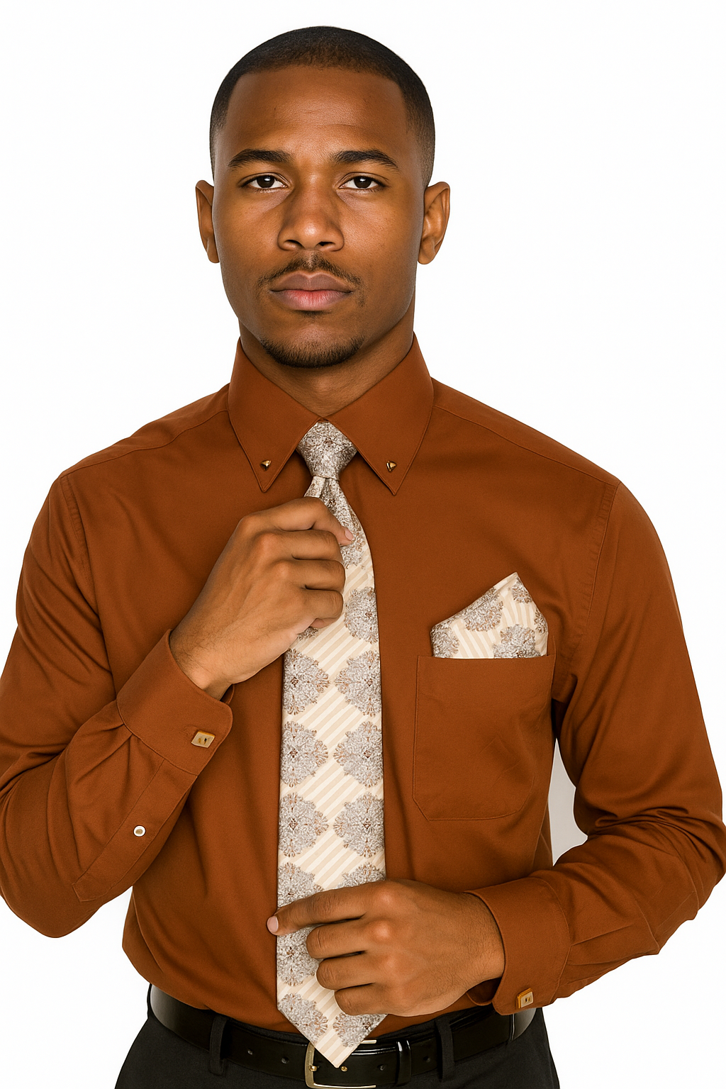 Brown Pin Collar Dress Shirt With Collar Bar - Image 5