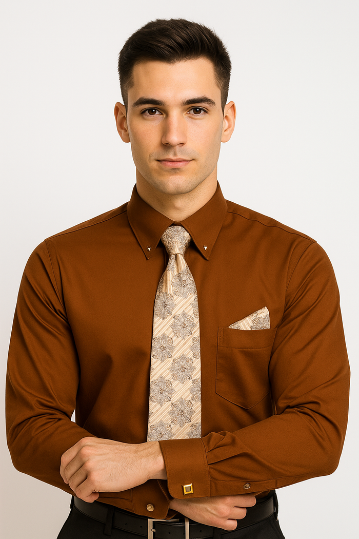 Brown Pin Collar Dress Shirt With Collar Bar - Image 2