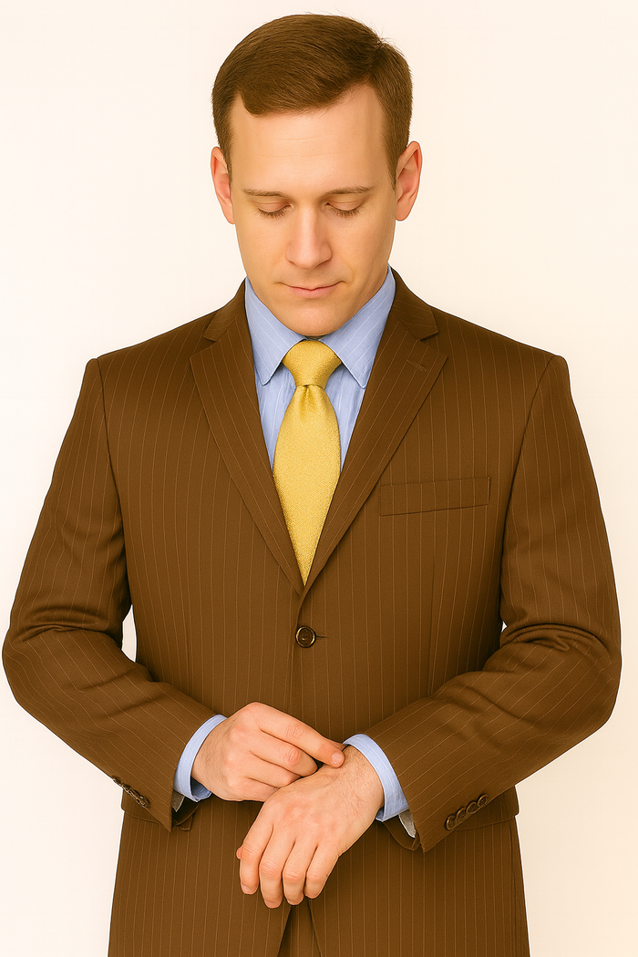 Brown Pinstripe Feel Poly-Rayon Three ~ 3 Buttons Style Suit Pleated Pants - Image 6