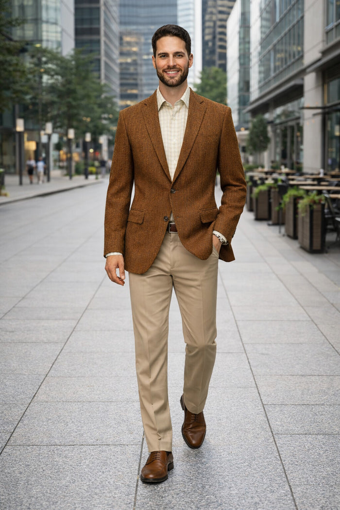 Mens Burnt Orange Harris Tweed Blazer – Classic Wool Check Pattern Formal and Casual Jacket in Brown Rustish Copper Color - Image 7