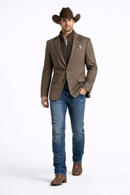 Men’s Brown Herringbone Tweed Cowboy Western Blazer – Classic Country Sport Coat Jacket for Ranch Wear,  Cowboy Jacket
