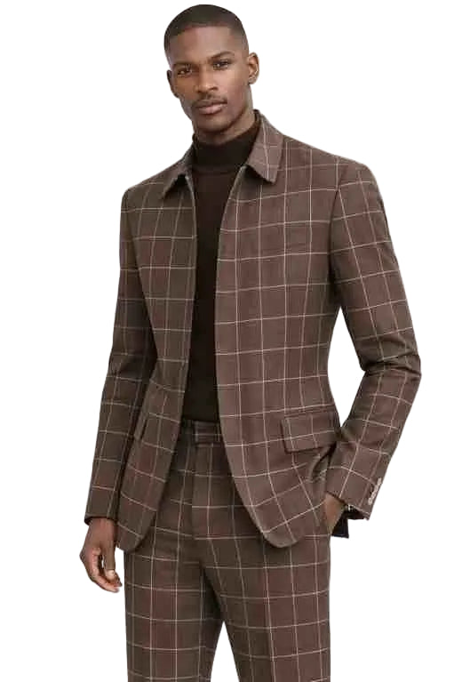 Mens Brown Windowpane Plaid Slim Fit Suit – Modern Checkered Fashion Suit – 2 Piece Designer Suit
