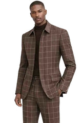 Mens Brown Windowpane Plaid Slim Fit Suit – Modern Checkered Fashion Suit – 2 Piece Designer Suit