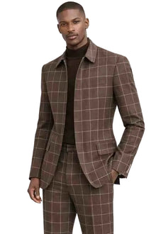 Mens Brown Windowpane Plaid Slim Fit Suit – Modern Checkered Fashion Suit – 2 Piece Designer Suit