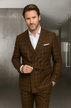 Wool Suit - Italian Made Business Suit by Statement Men's 100% Wool 2 Piece Suit - Double Breasted Windowpane