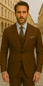 Wool Suit - Italian Made Business Suit by Statement Men's 3 Piece 100% Wool Modern Fit Suit - V-Neck Double Breasted Vest