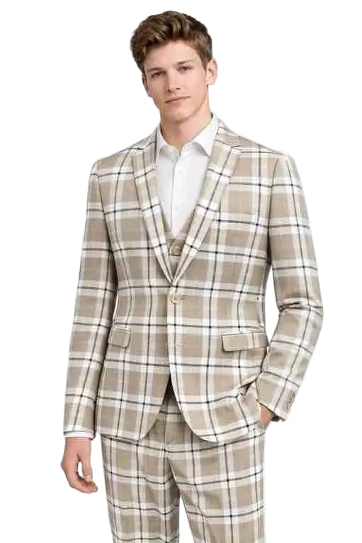 Mens Beige Plaid 3-Piece Suit – Modern Slim Fit Check Suit