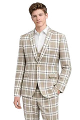 Mens Beige Plaid 3-Piece Suit – Modern Slim Fit Check Suit
