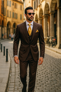 Brown One Button 3 Piece Suit  by Rossiman 