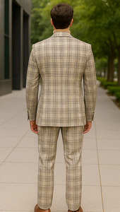 Burberry Pattern Suit - Mens Church Suit with Mixture of Black and Red Checkered Window Pane Fabric Suit in Tan Color
